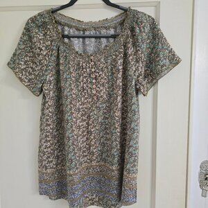 M Faded Glory Multi Tan & Teal Floral Cotton short sleeve Blouse / Top